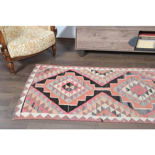 1970s Turkish Oushak Handmade Wool Cotton Pink Runner Rug 93x358