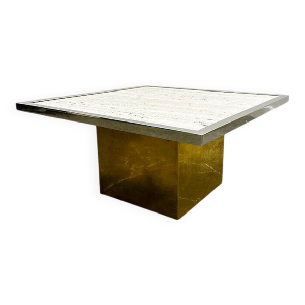 Table basse en travertin brut avec base en laiton et bords chromés, France années 1970.