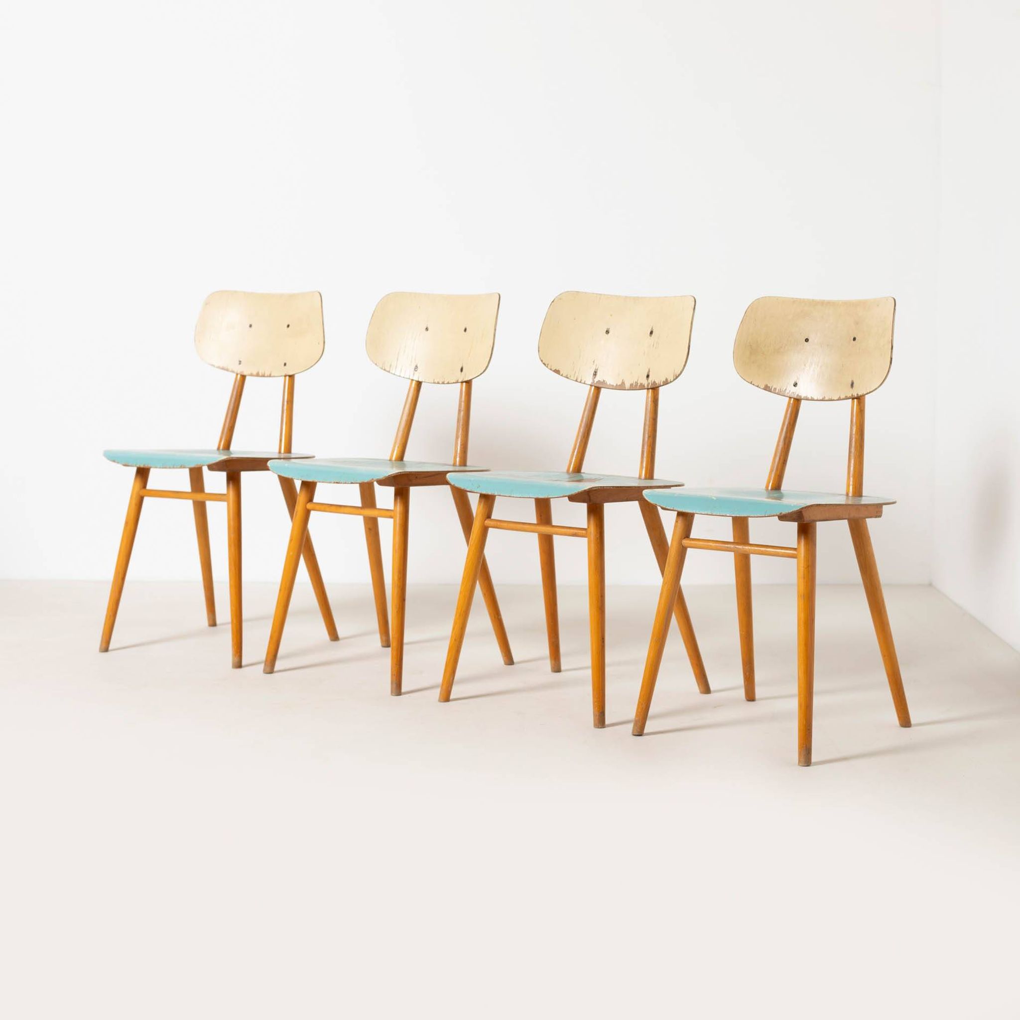 Set of 4 midcentury dining chairs from TON, blue painted plywood, 1960S