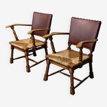 Pair of rush and oak armchairs by De Ster Gelderland, Netherlands 1950's