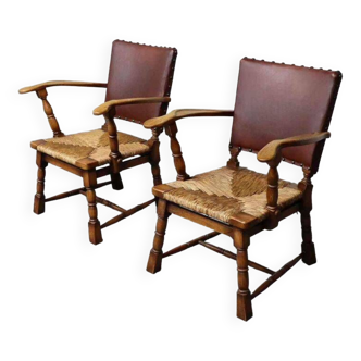 Pair of rush and oak armchairs by De Ster Gelderland, Netherlands 1950's