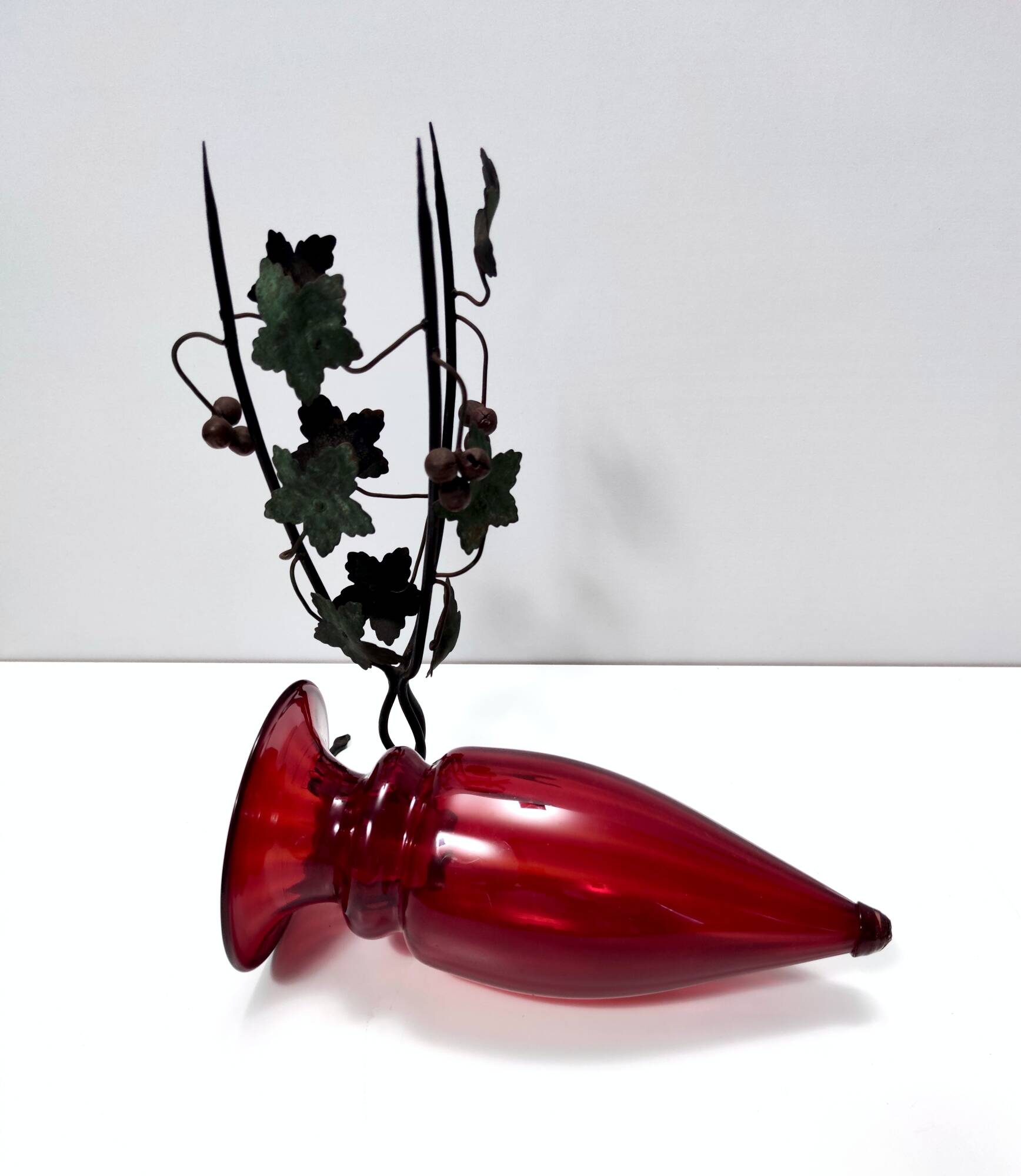 Ruby Red Murano Glass Vase with Iron Grape Vines Ascribable to Umberto Bell