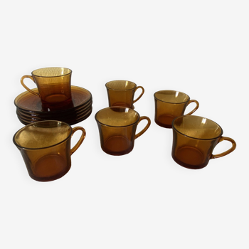 6 tasses à café avec soucoupes duralex, couleur miel, vintage années 80