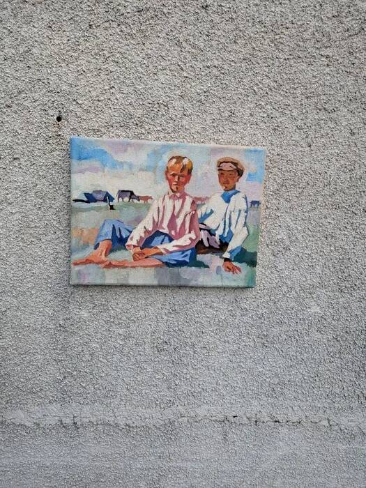 Oil on canvas, painting of young men.