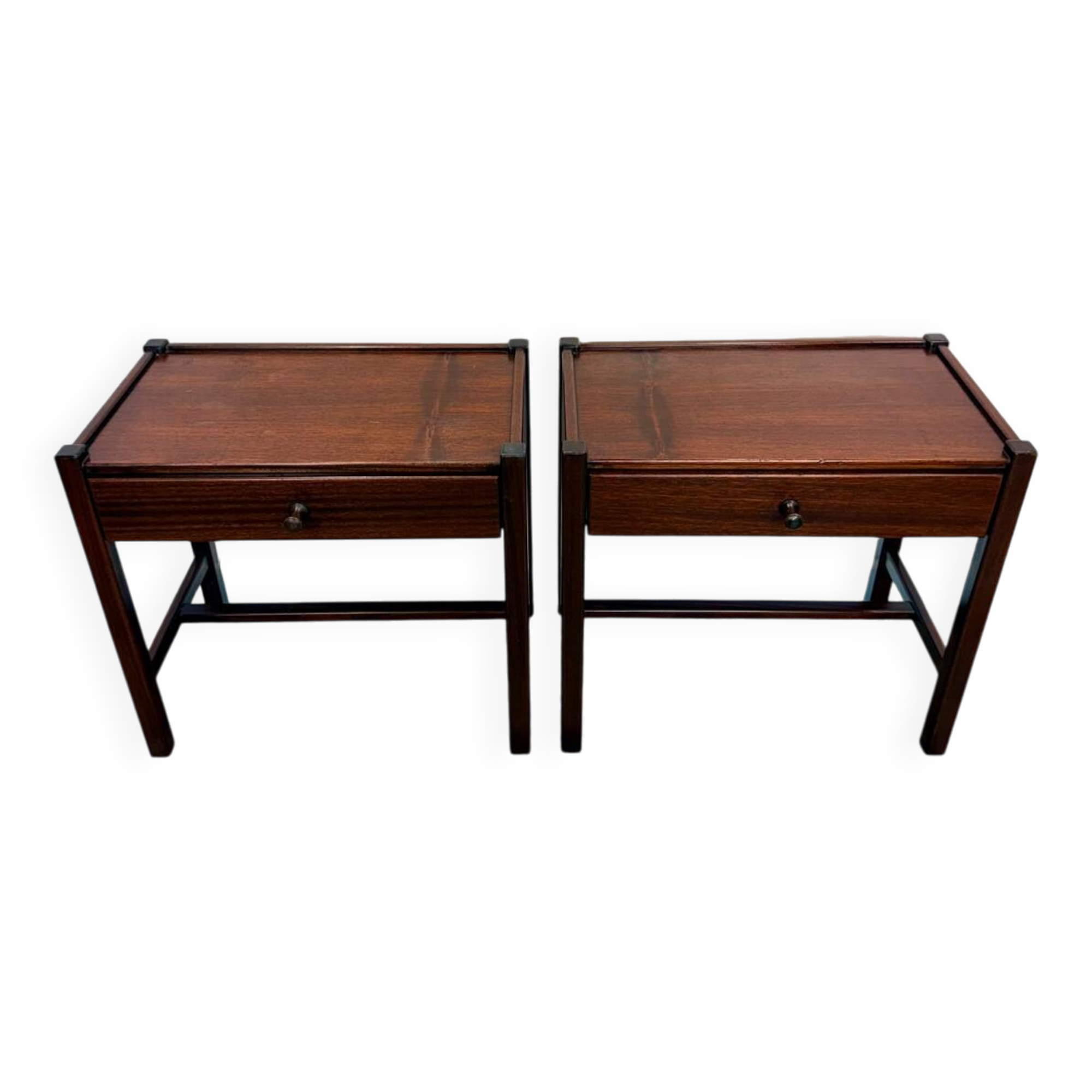 Pair of walnut bedside tables designed by Jacques Hauville for Roche Bobois.