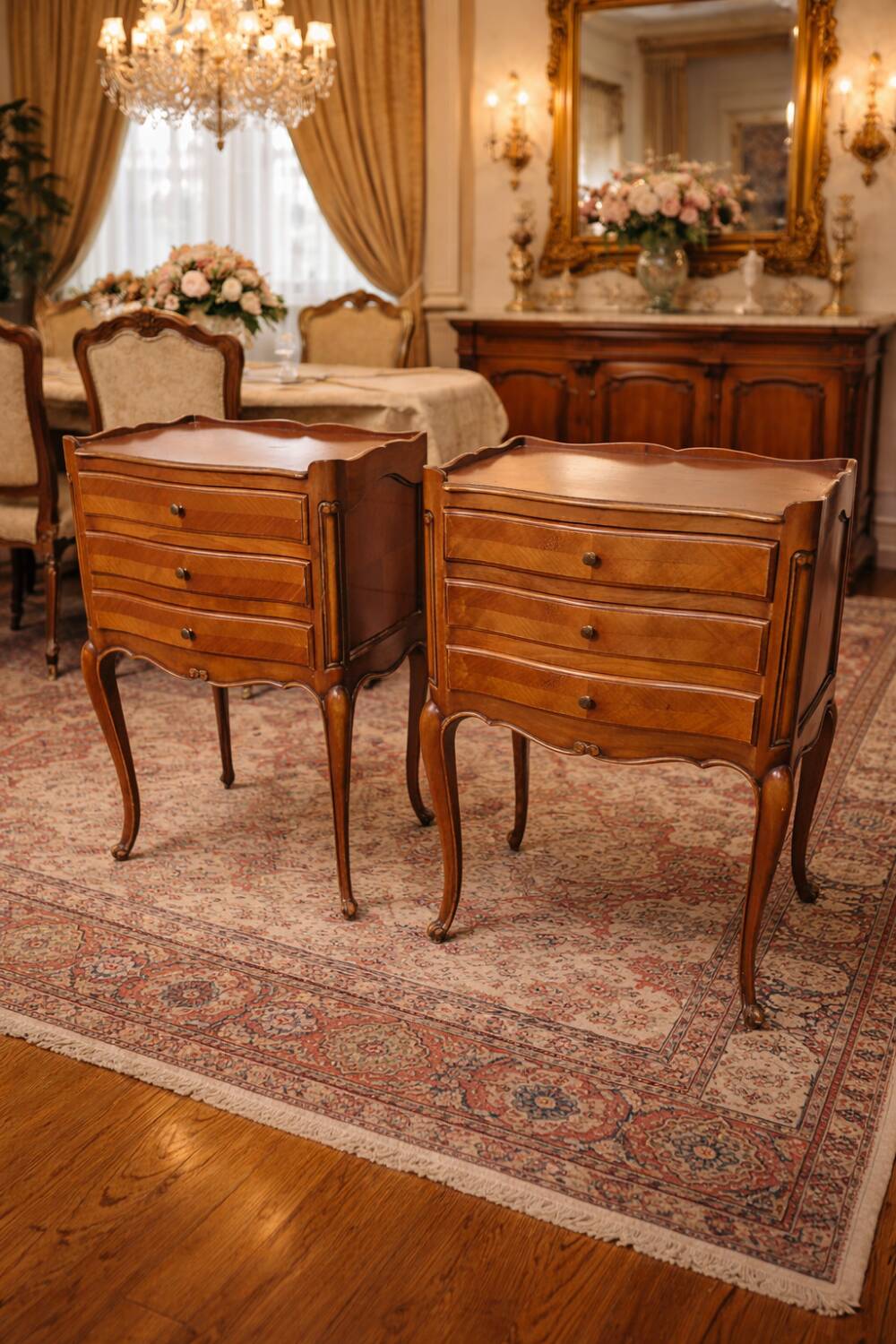 Pair of Louis XV style bedside tables in cherry wood marquetry.