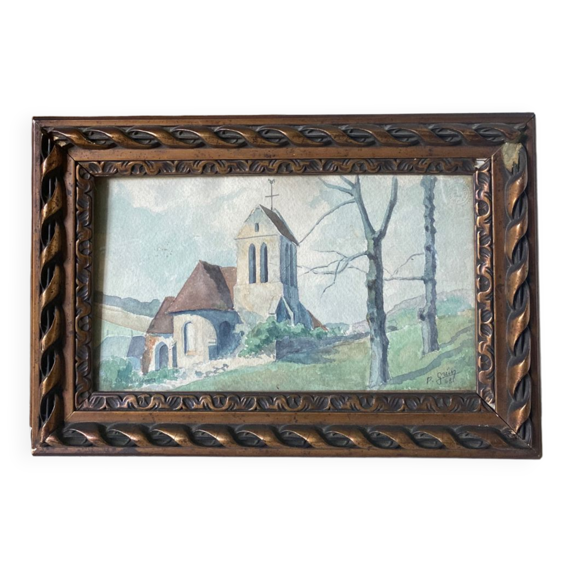 Watercolor signed 1943 Fay-Lès-Nemours French landscape