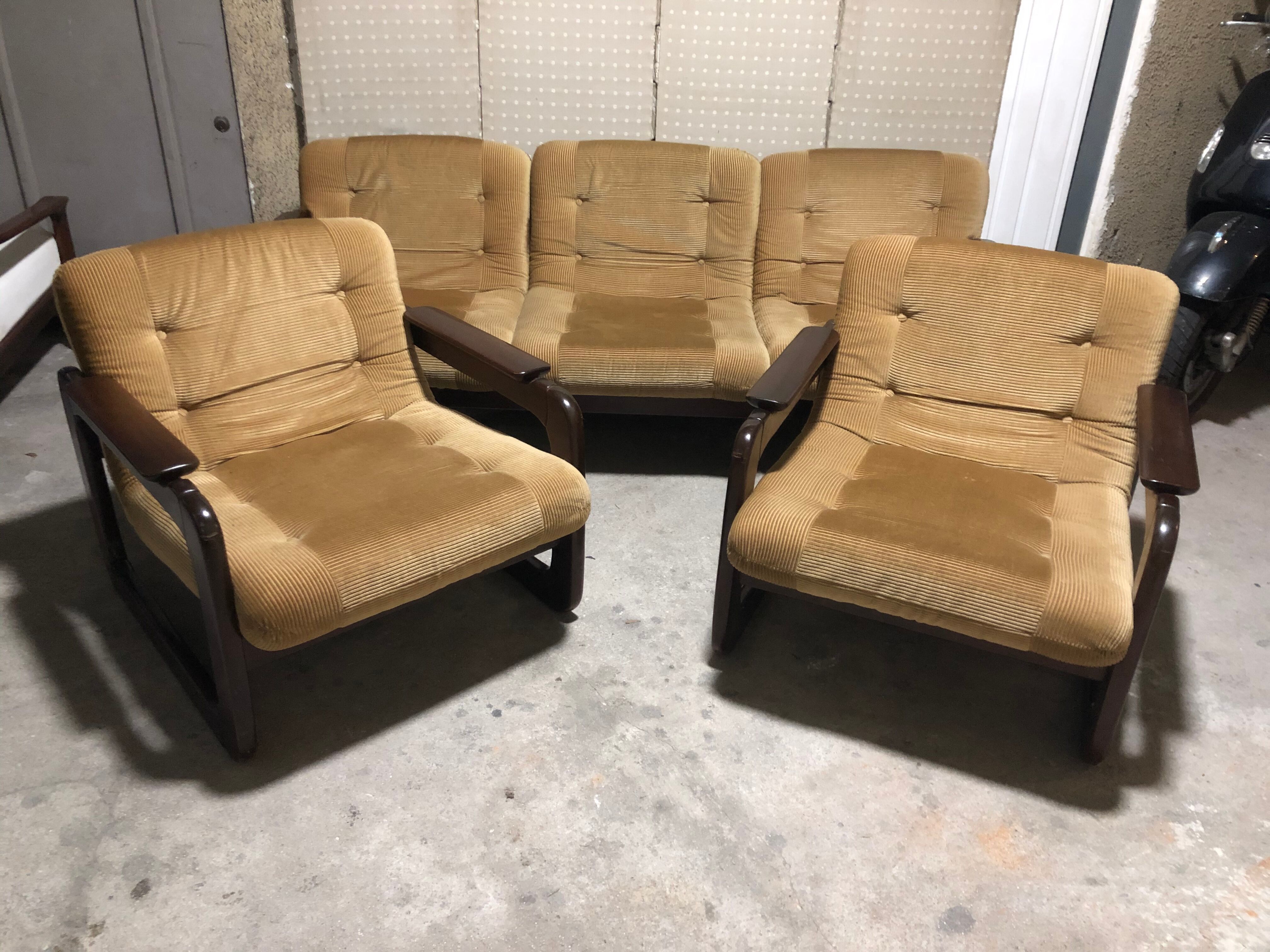 Salon 3 pieces Scandinavian "sleigh" vintage corduroy original 1960