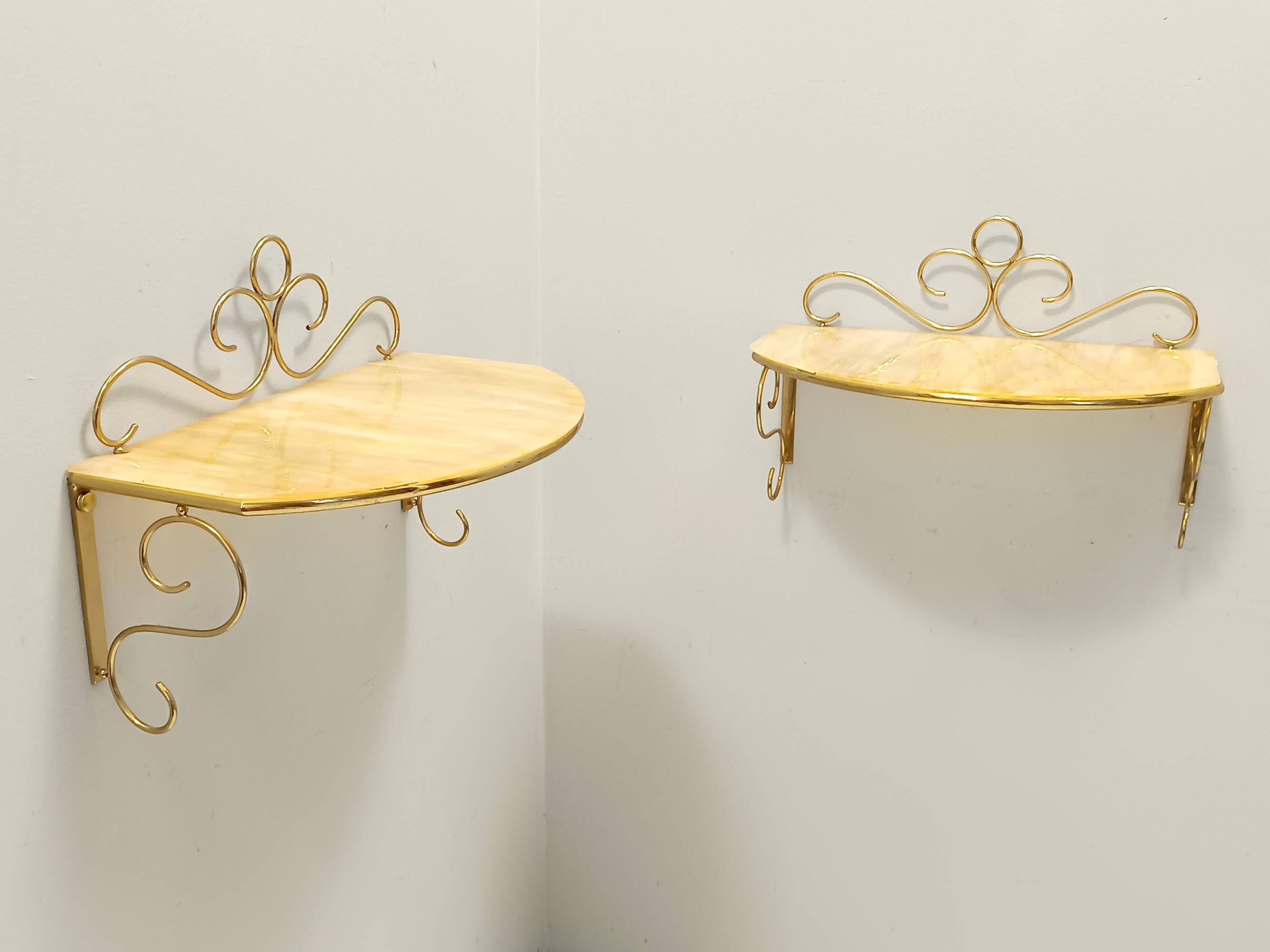 Pair of Wall-Mounted Brass and Murano Glass Console Tables / Nightstands