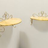 Pair of Wall-Mounted Brass and Murano Glass Console Tables / Nightstands