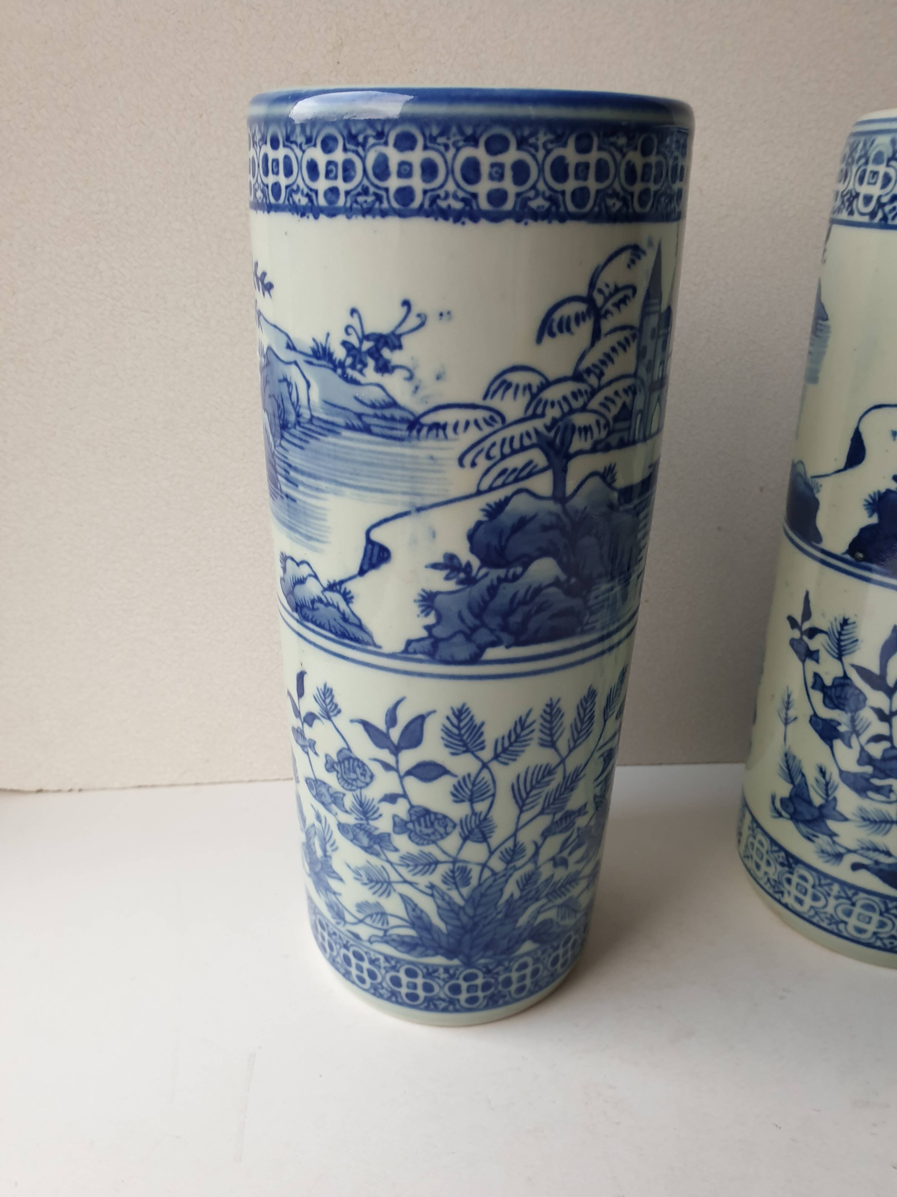 Pair of chinese porcelain roller vases - signed height 25.5cm