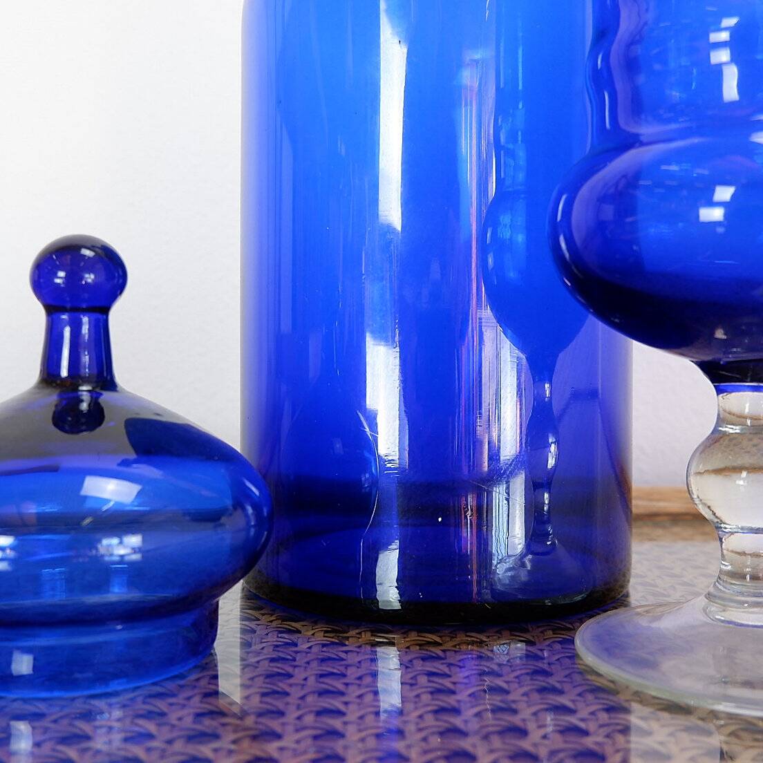 Blue glass carafe and candy box