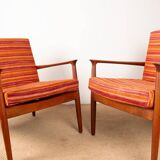 Pair of Danish armchairs in solid teak and fabric, Svend Aage Eriksen 1960.