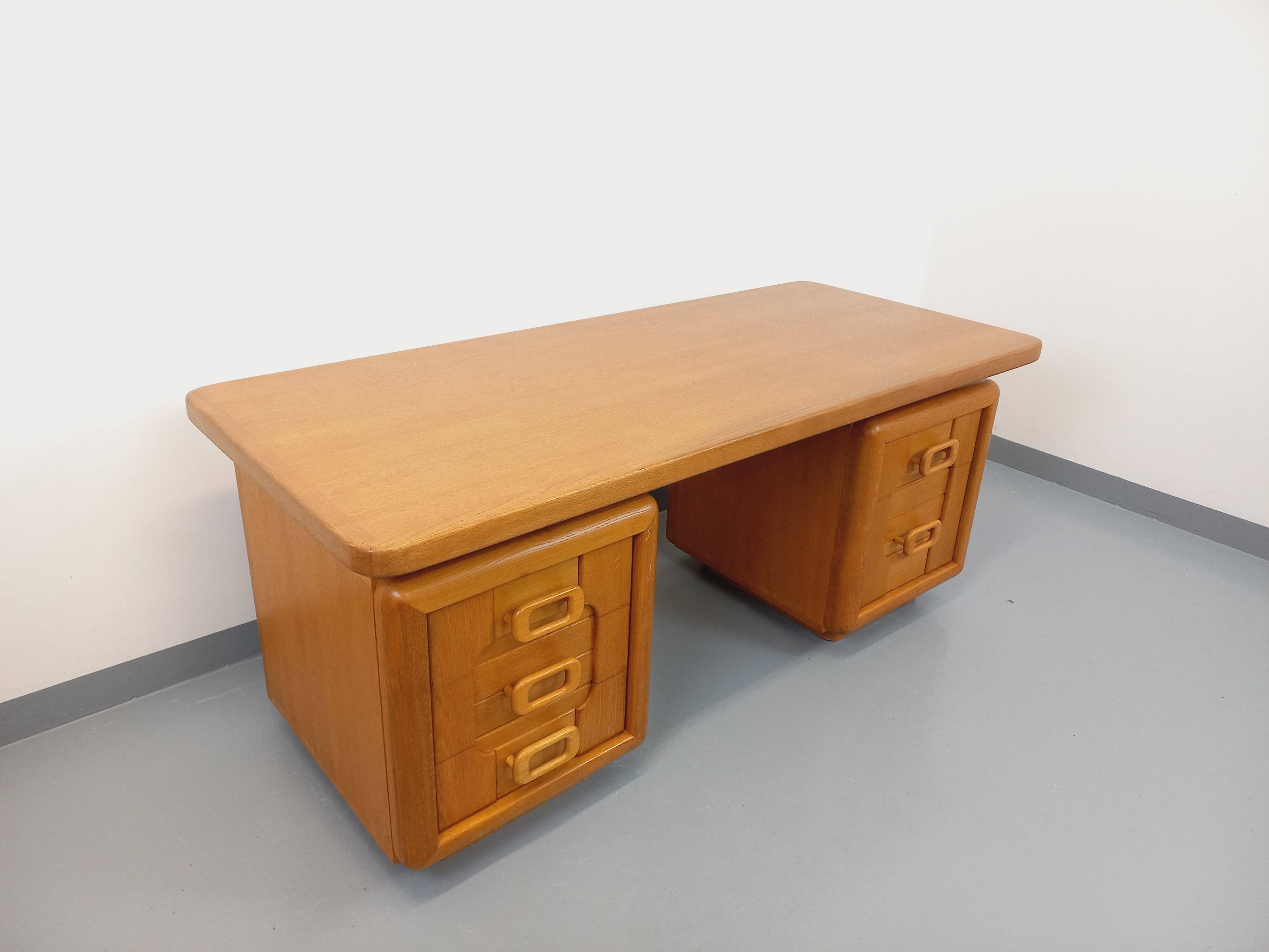 Large vintage double-sided executive desk in oak wood from the 70s