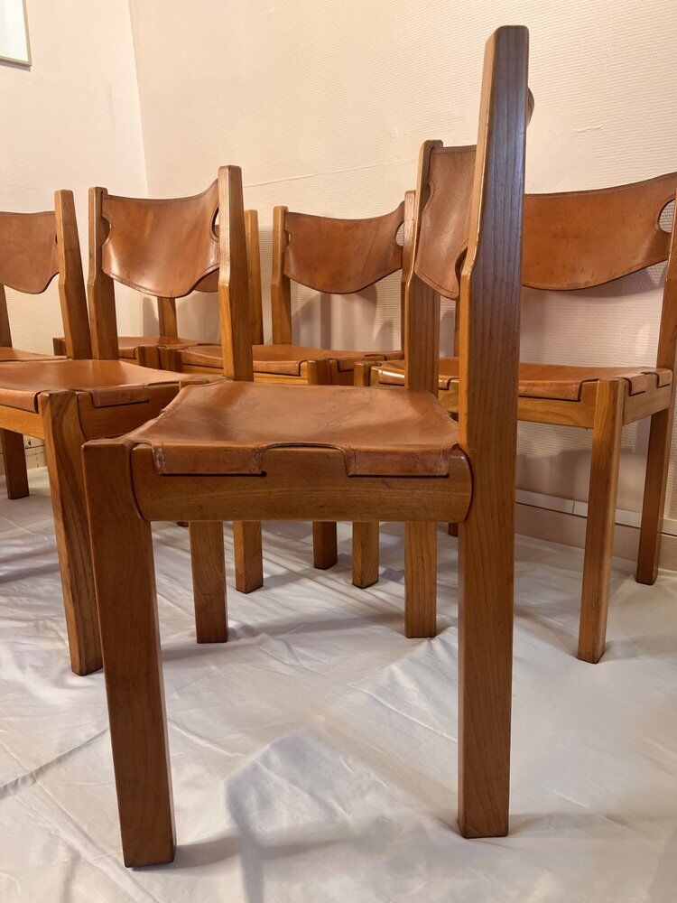 Vintage elm and leather chairs by Maison Regain, 1970s, set of 6.