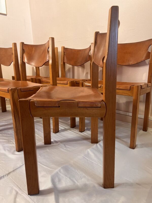 Chaises vintage en orme et cuir par Maison Regain, années 1970, lot de 6