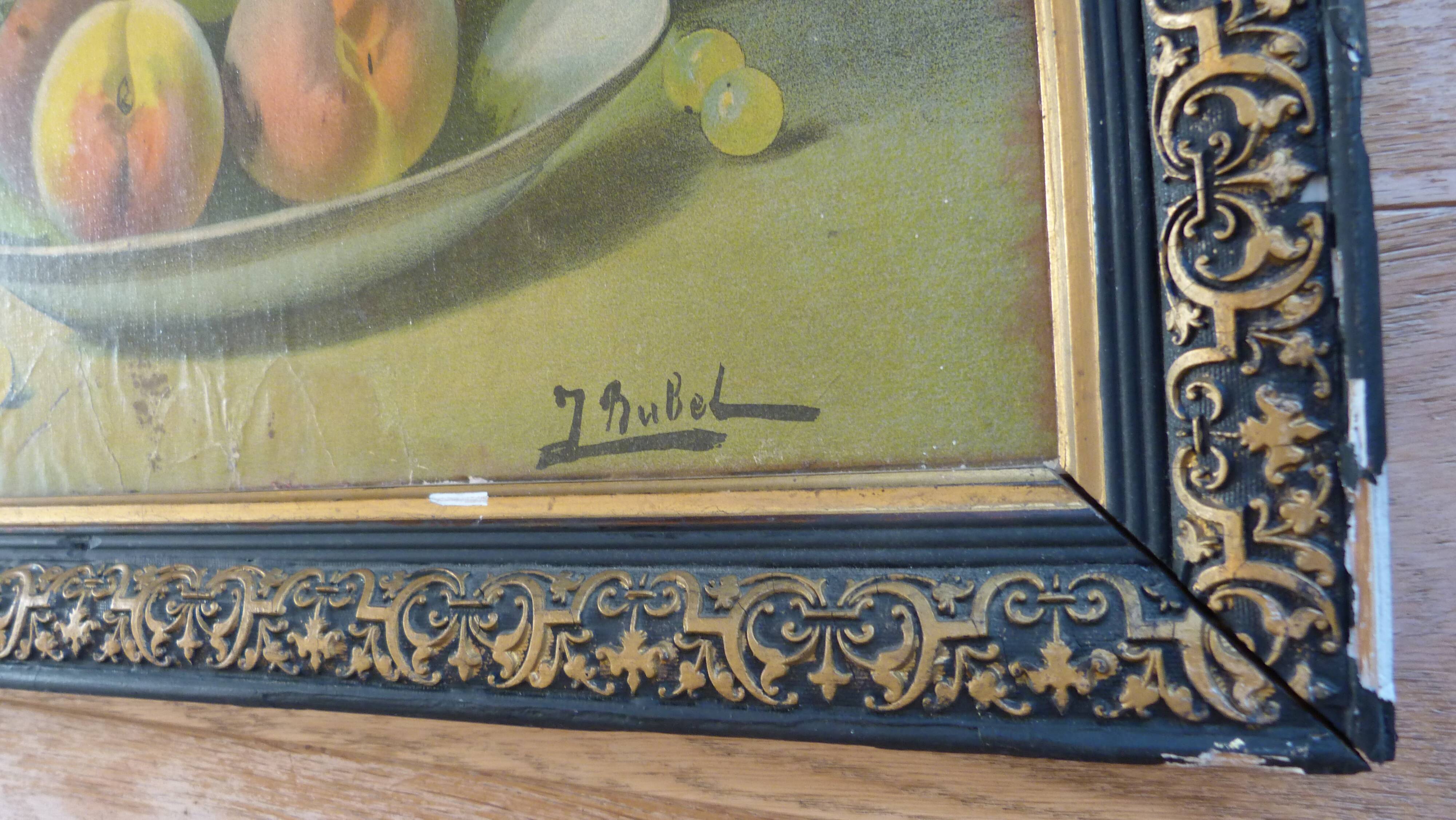 Oil on canvas still life with fruit by J. Rubel