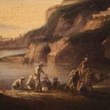 Antique landscape painting with men-at-arms from the 17th century