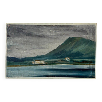 Peinture à l'huile sur toile "Montagne, village et rivière" n°45