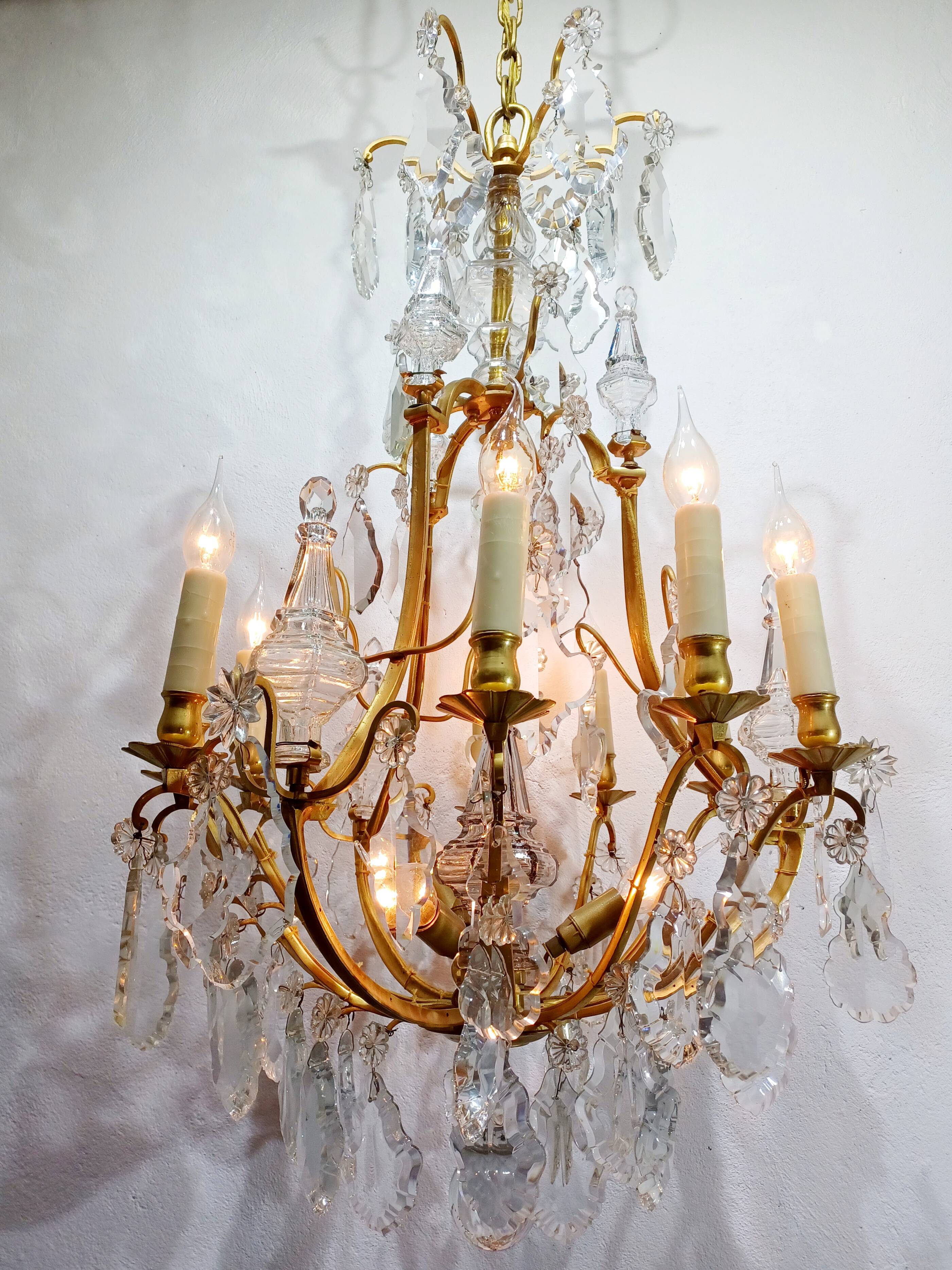 12-light bronze and crystal cage chandelier