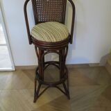 Set of 2 swivel bar stools / chairs - wood - cane - rattan - 80s