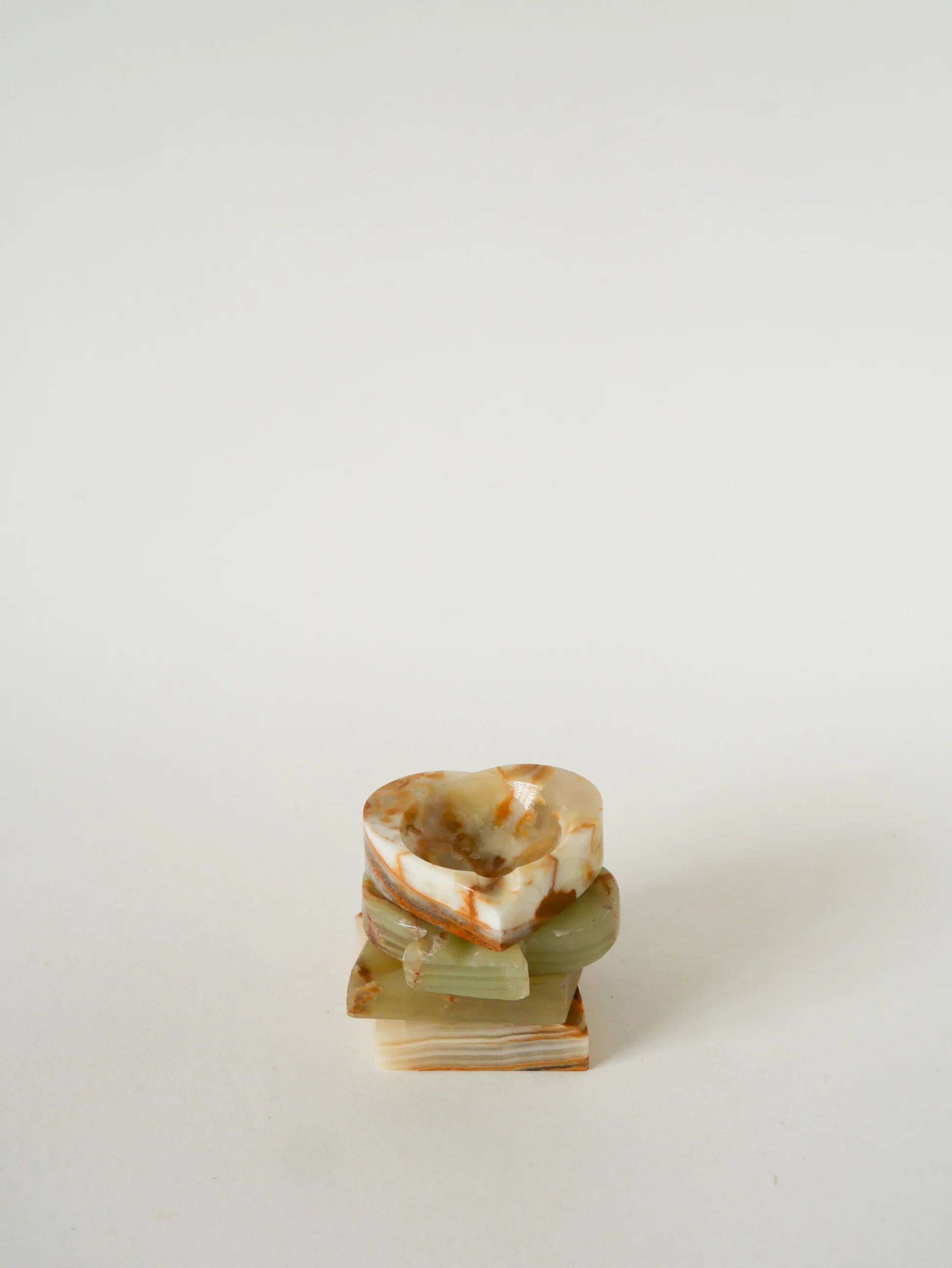 Alabaster catchall, heart shape, beige and brown, 1970.