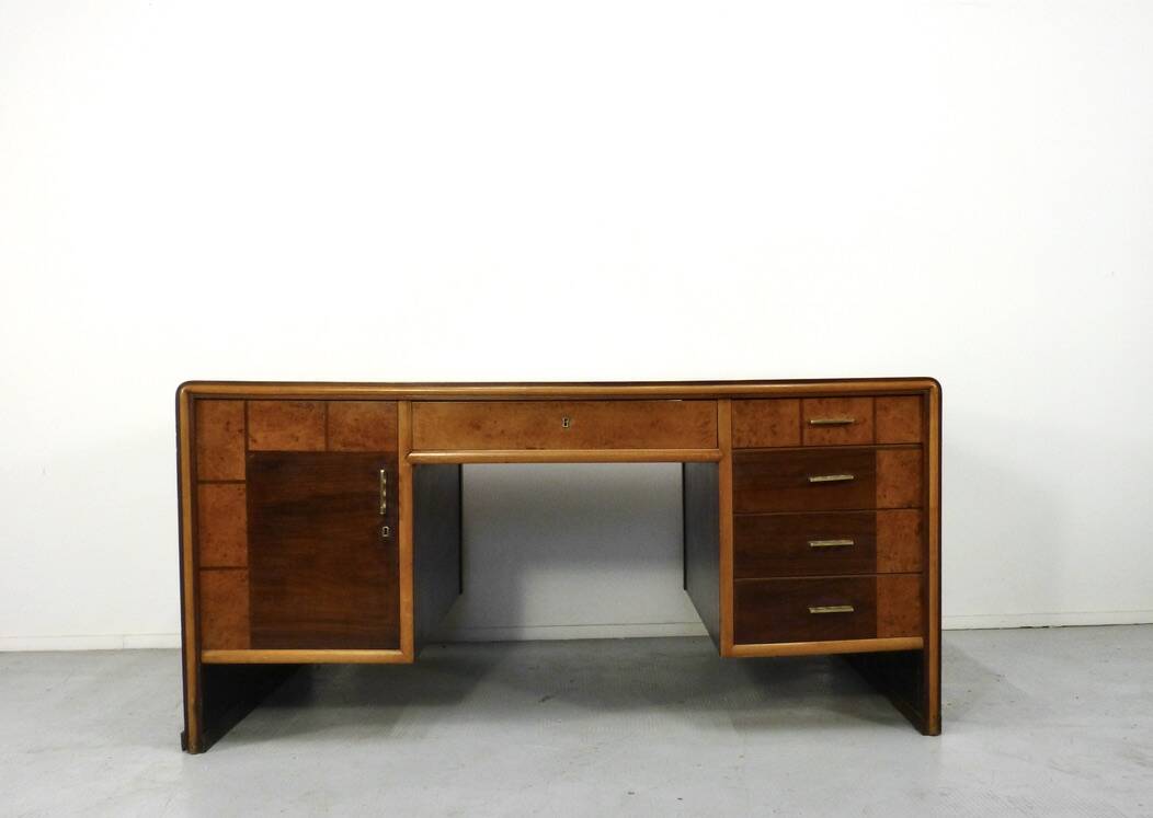 Italian Art Deco Desk In Dark Walnut And Brass.