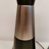 Two table lamps made of dark-stained wood with silver detail in the middle.