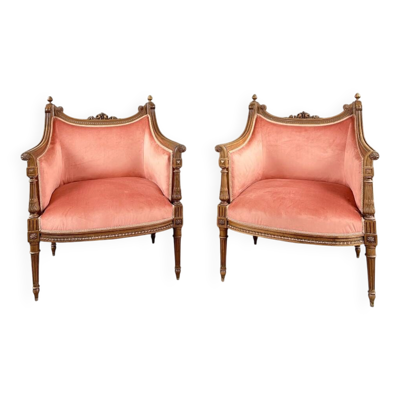 Paire de fauteuils bergères de style Louis XVI en bois sculpté, velours, XX