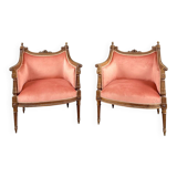 Paire de fauteuils bergères de style Louis XVI en bois sculpté, velours, XX