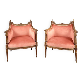 Pair of Louis XVI style bergère armchairs in carved wood, velvet, 20th century.