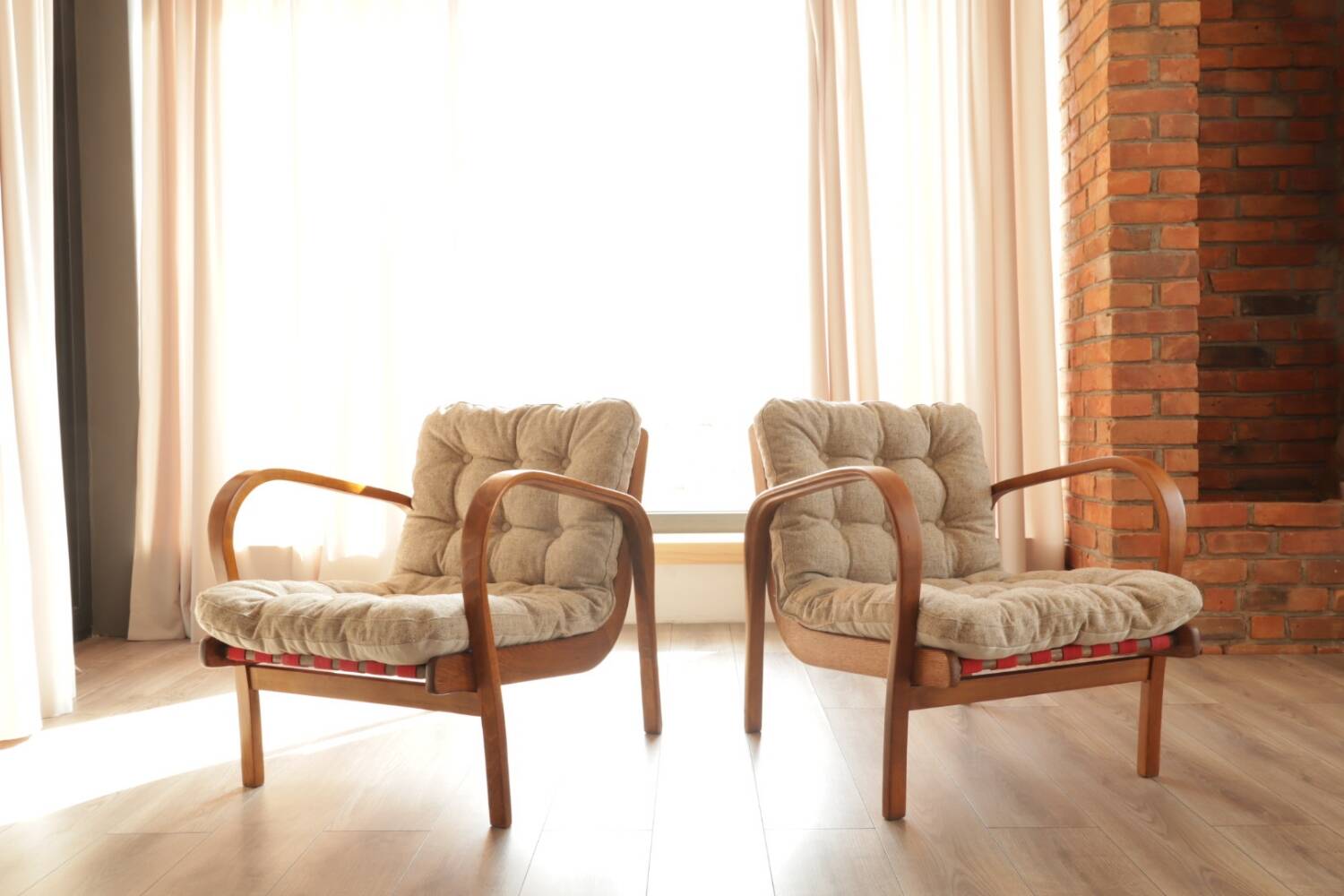 Pair of vintage beige granola armchairs from the 1950s