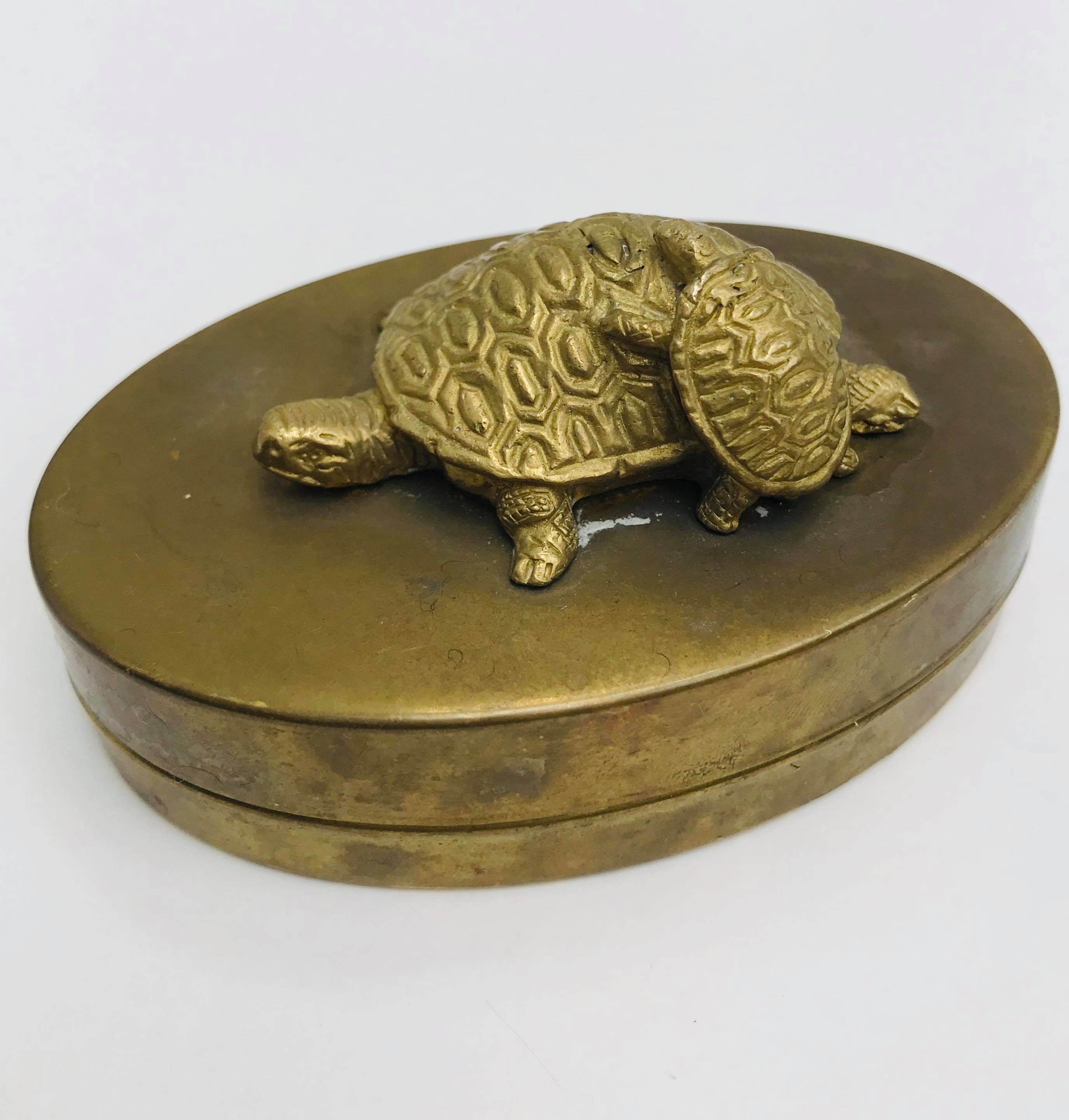 Bronze brass turtle box Decorative jewelry box vintage 50s oval lid