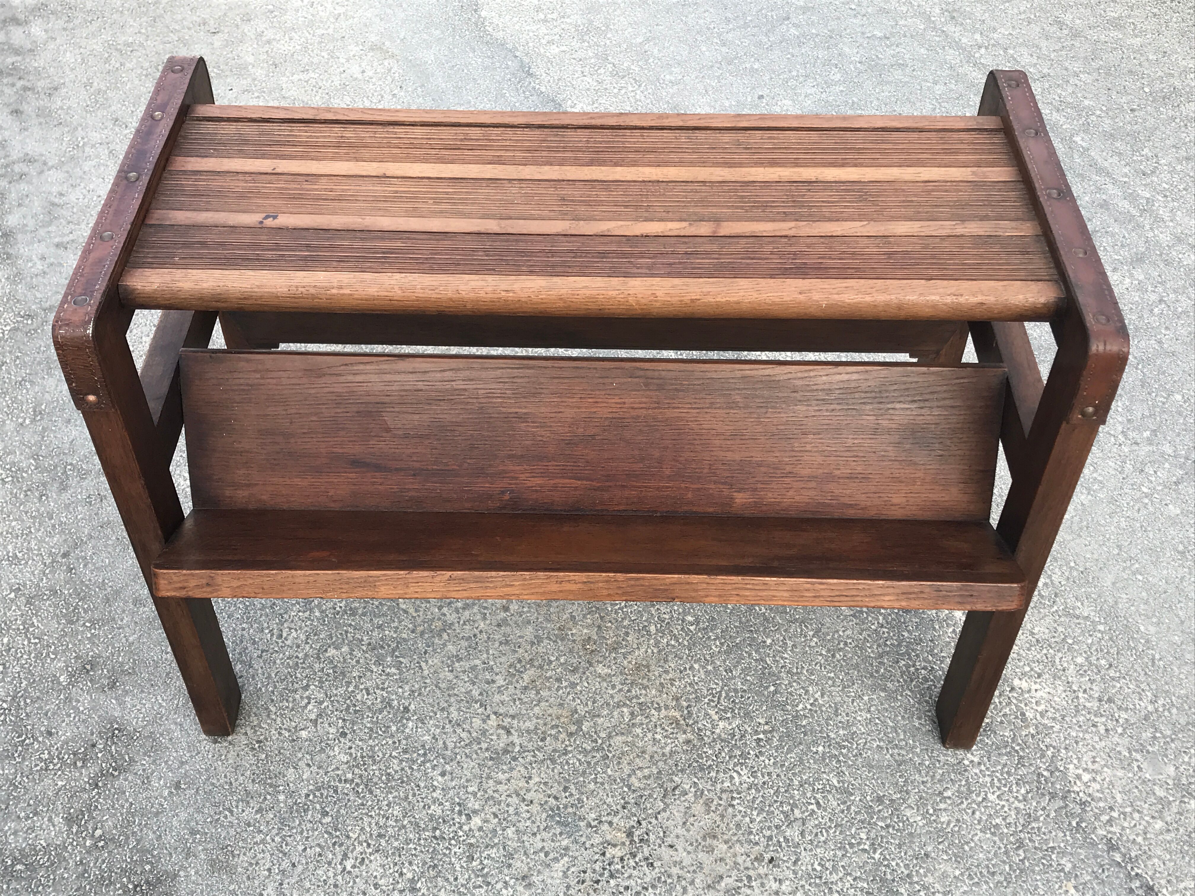 Oak and leather table vintage brutalist design 60s