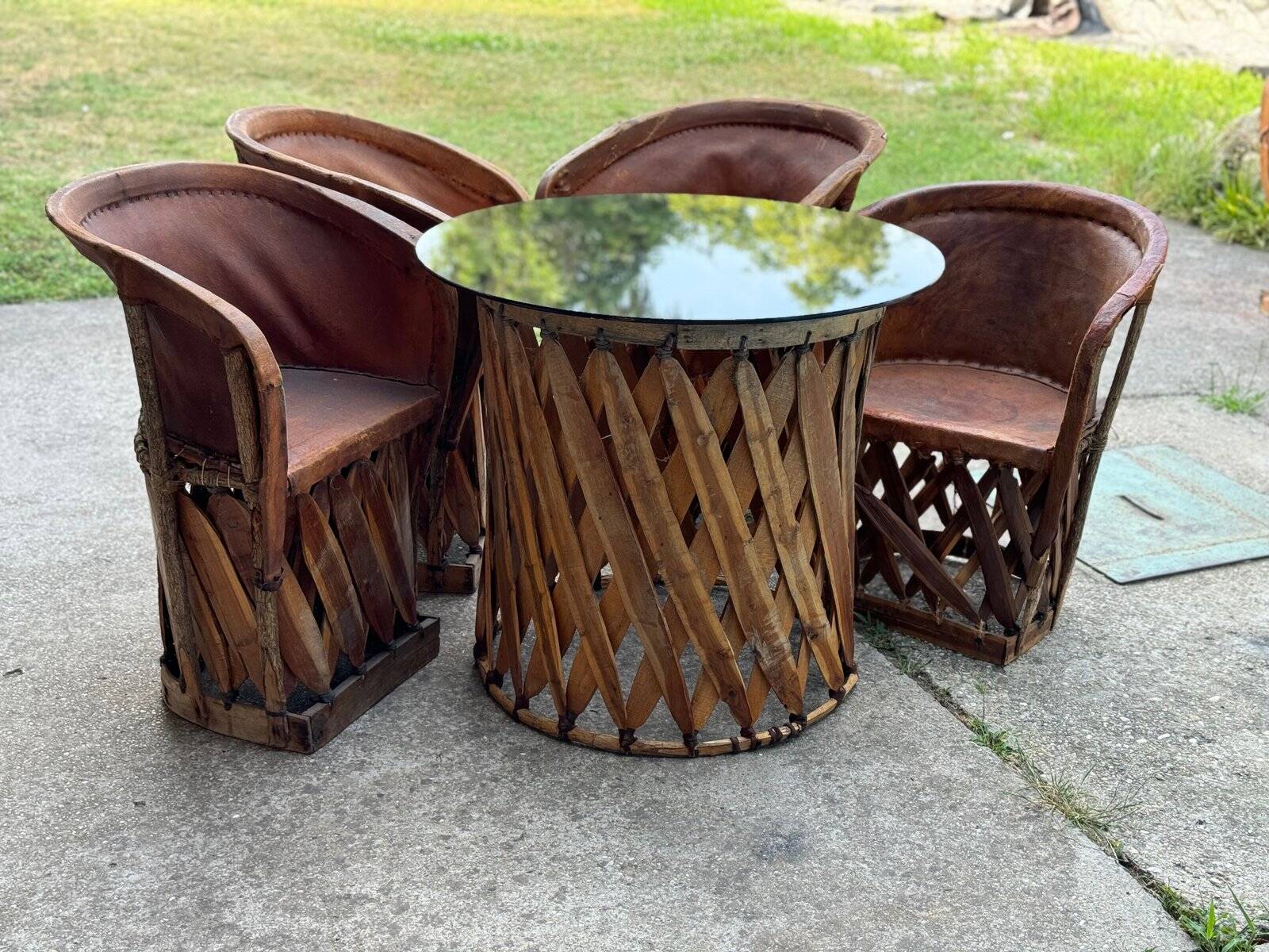 Set of 5 Wim Rietveld chairs in brown leather and wood, Mexican style 1970s.