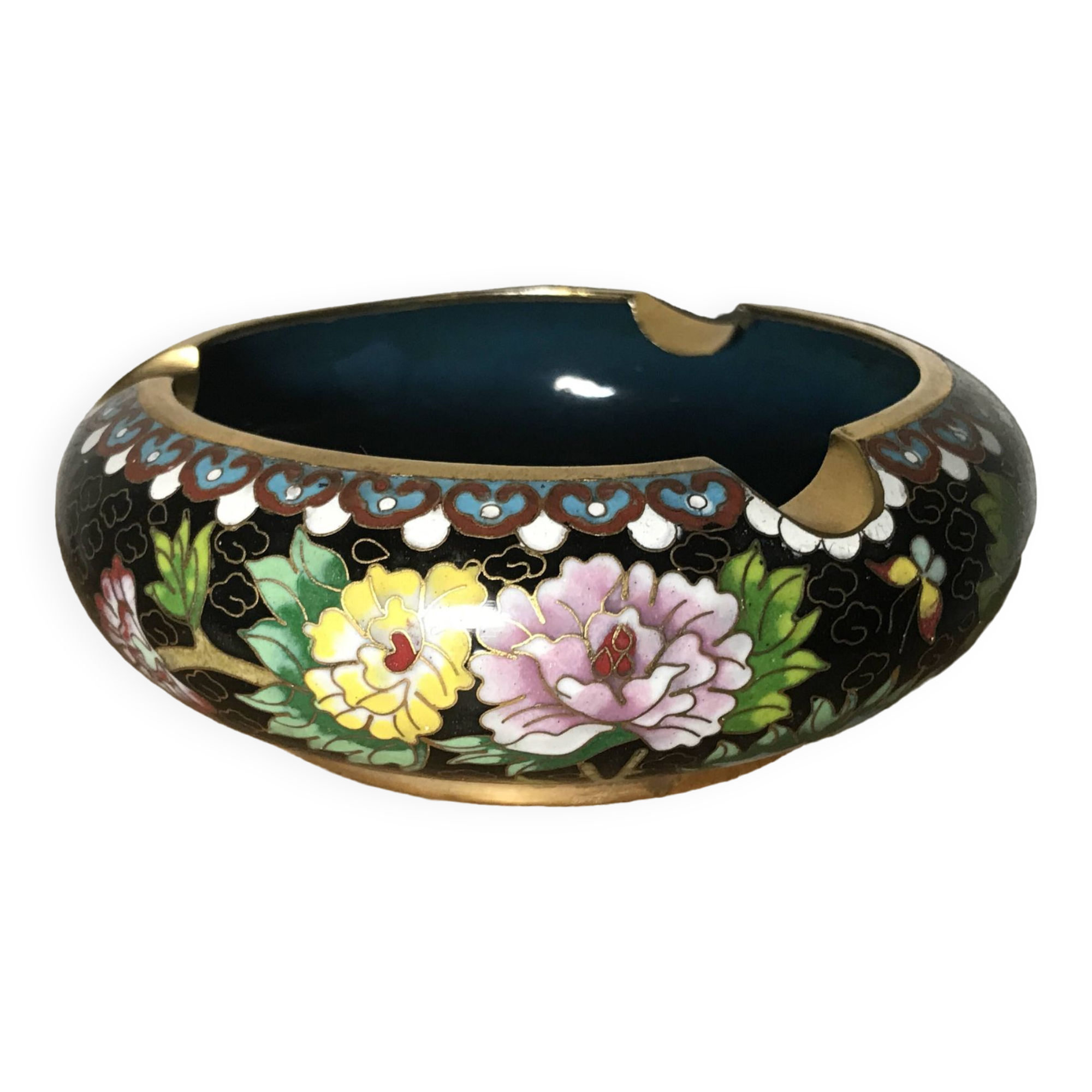 Ashtray, pocket emptier in brass and cloisonné enamel, floral decoration, China