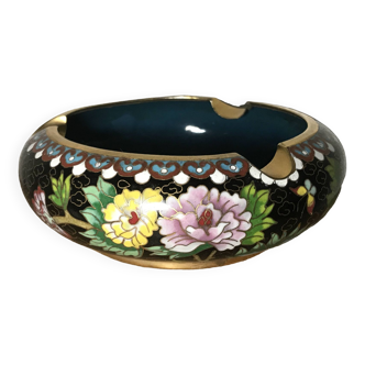 Ashtray, pocket emptier in brass and cloisonné enamel, floral decoration, China