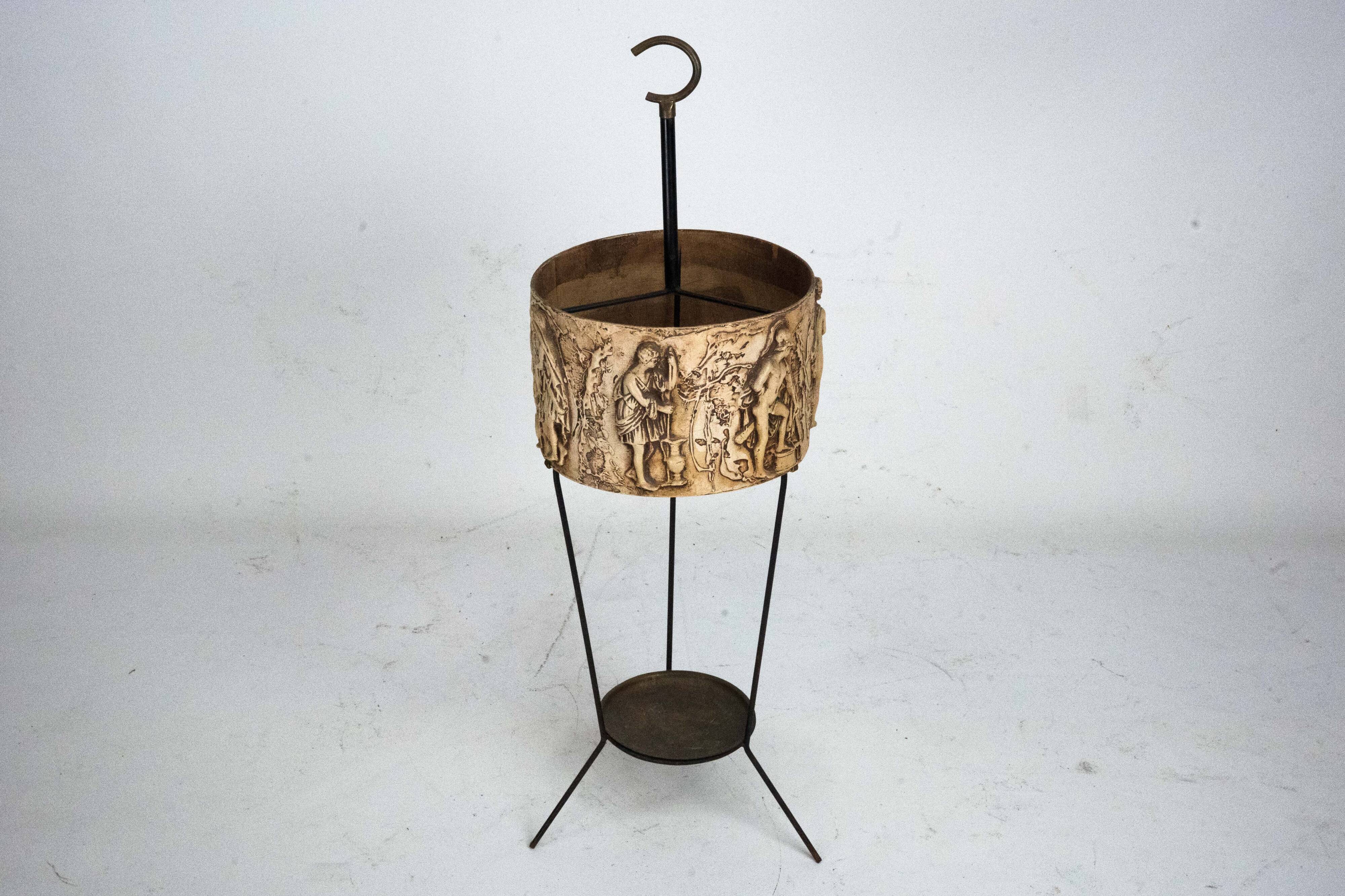 Mid-Century Umbrella Stand in Iron and Brass with Neoclassical Relief, Ital