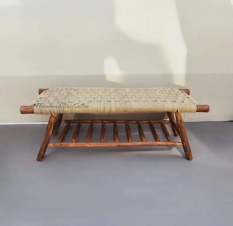 Moroccan bench with hand-woven palm leaf cord