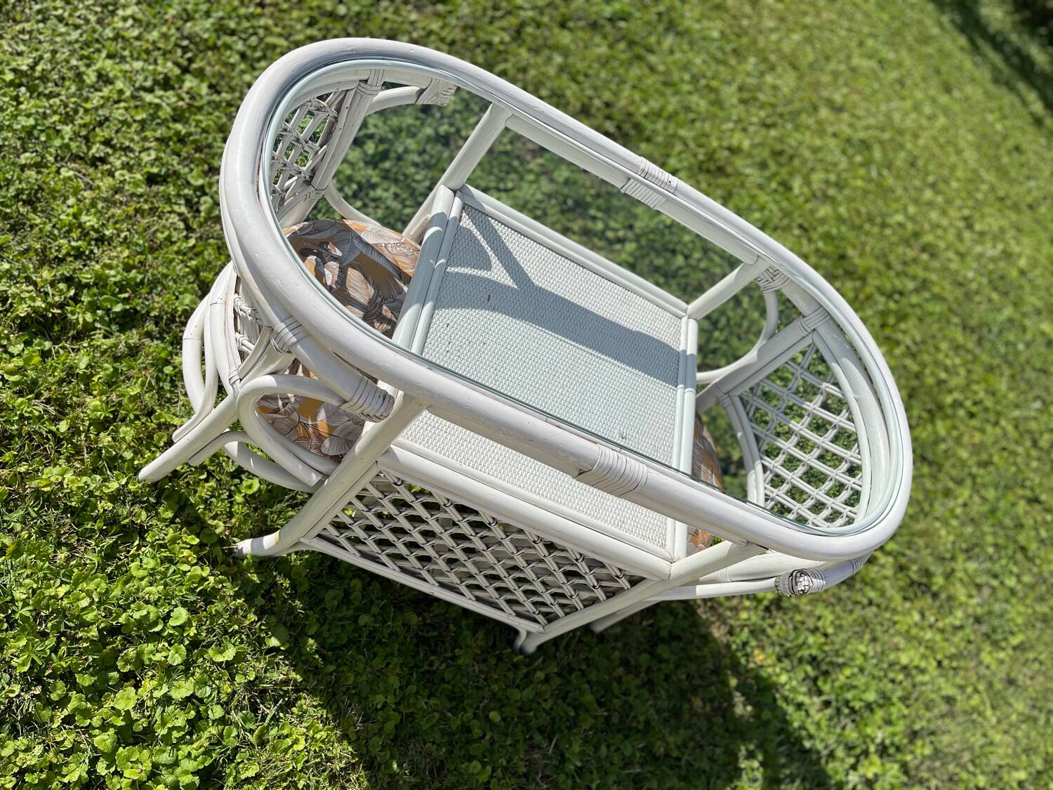 Vintage White Rattan/Bamboo Garden Furniture Set with 2 Chairs and a Stool