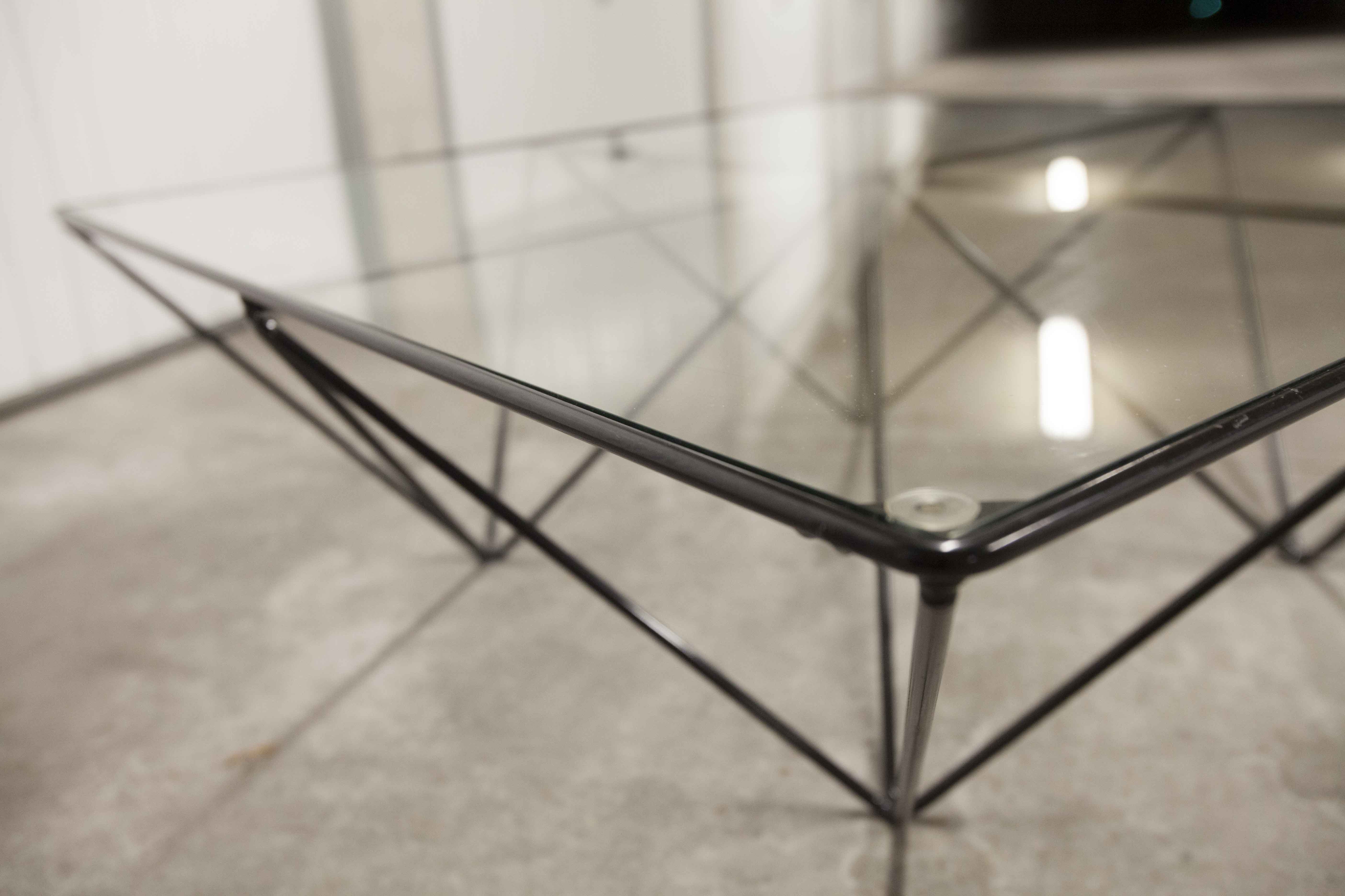 Square coffee table in glass and black satin metal 1980