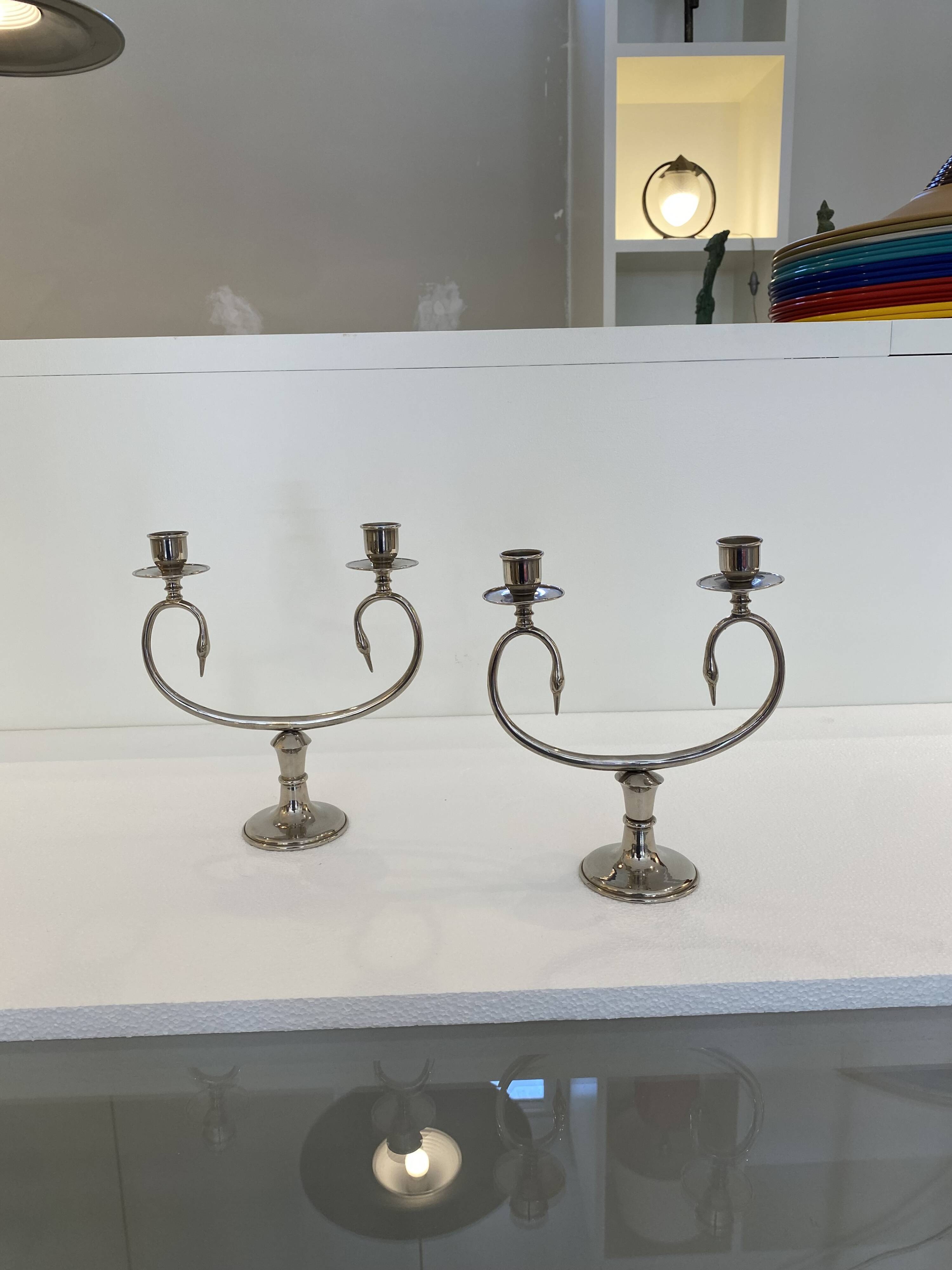 Silver Plated Pair Double Swan Candelabra Candleholders Sculptural 1970s