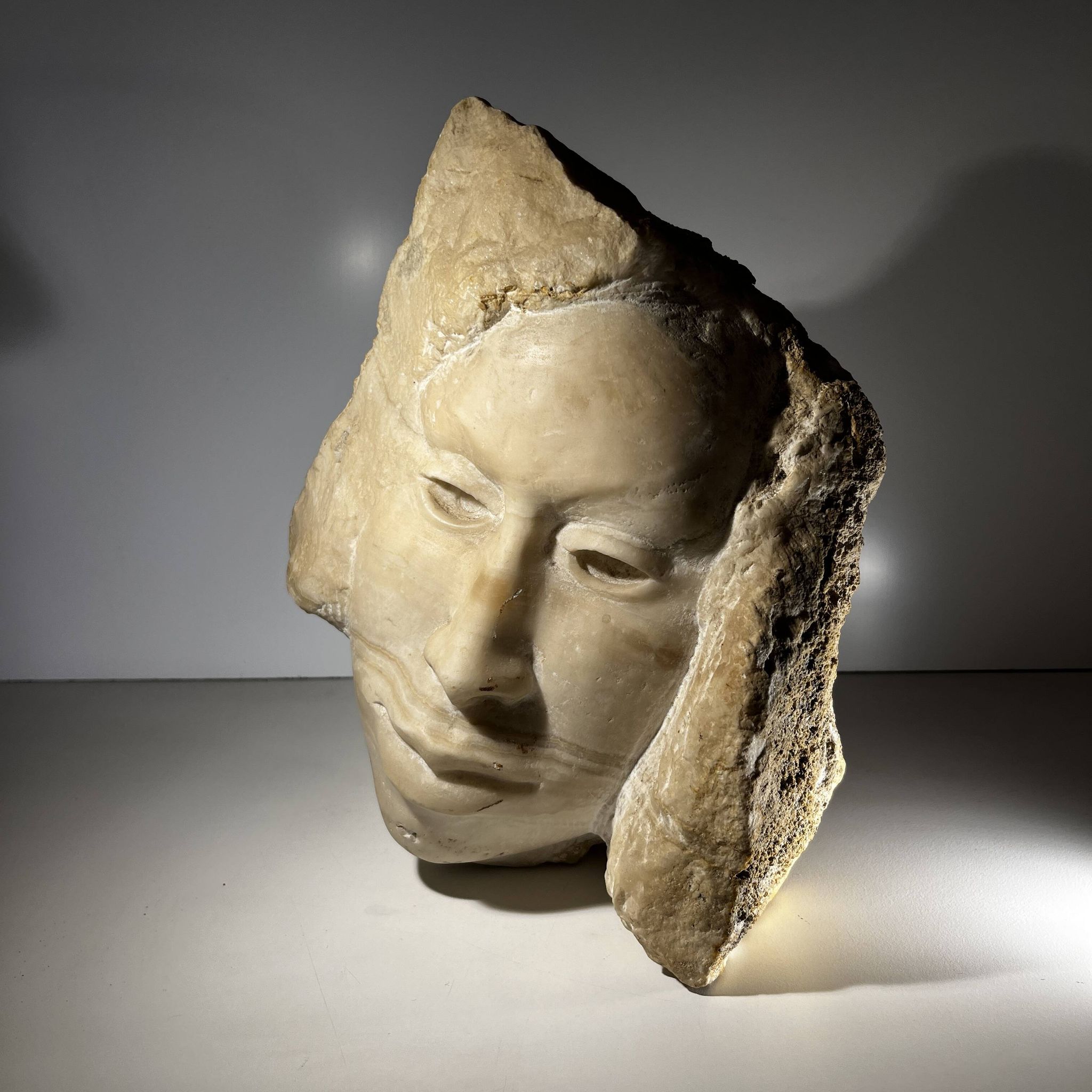 Marble bust/mask sculpture, Georg Glaser "Woman's Face" ca 1980