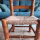 4 chairs and stools, brutalist art, straw and wood