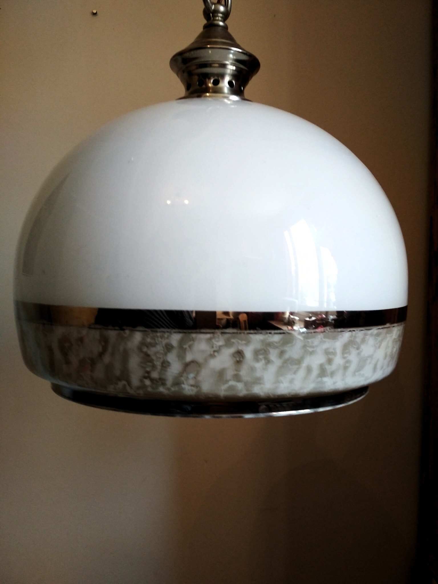 Hanging lamp 1970 globe white and grey glass silver