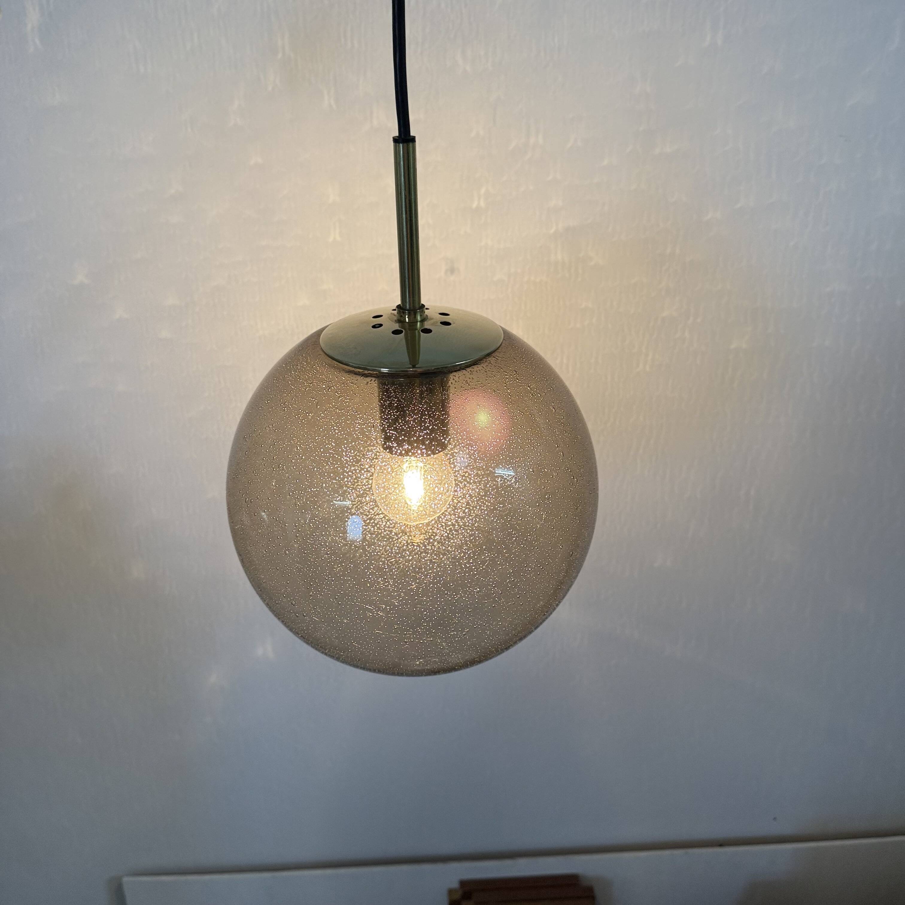 Limburg Glashütte brass smoked glass ball pendant hanging lamp , 1970s