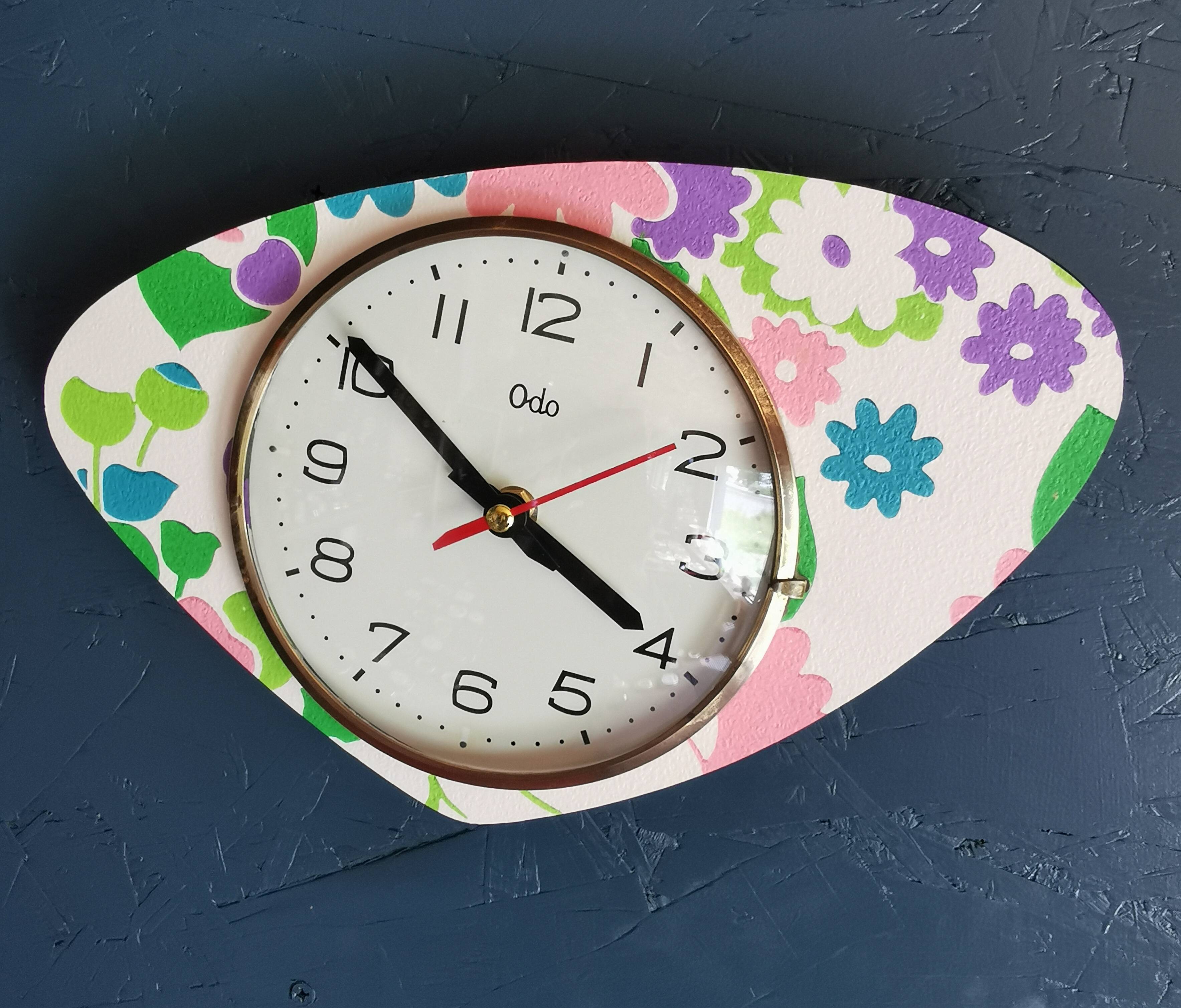 Vintage silent asymmetrical wall pendulum clock "Purple green pink flowers"