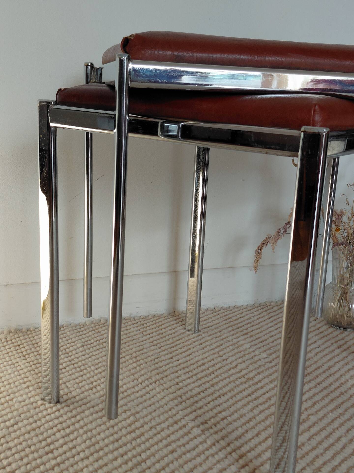 Pair of vintage stackable stools in faux leather and chrome - 70s