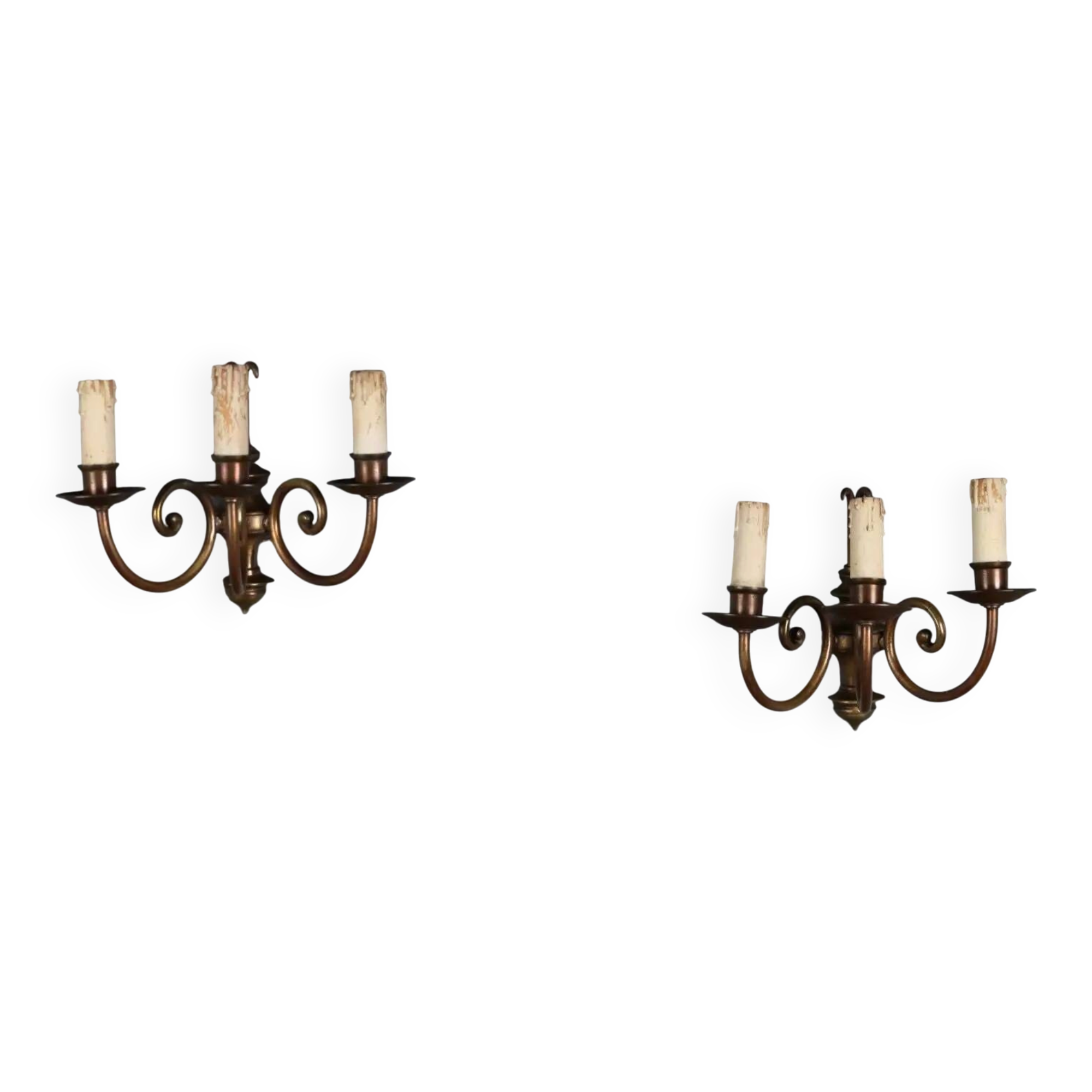 Antique wall sconces in gilded bronze, 3 lights, Italy, 20th century.