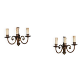 Antique wall sconces in gilded bronze, 3 lights, Italy, 20th century.